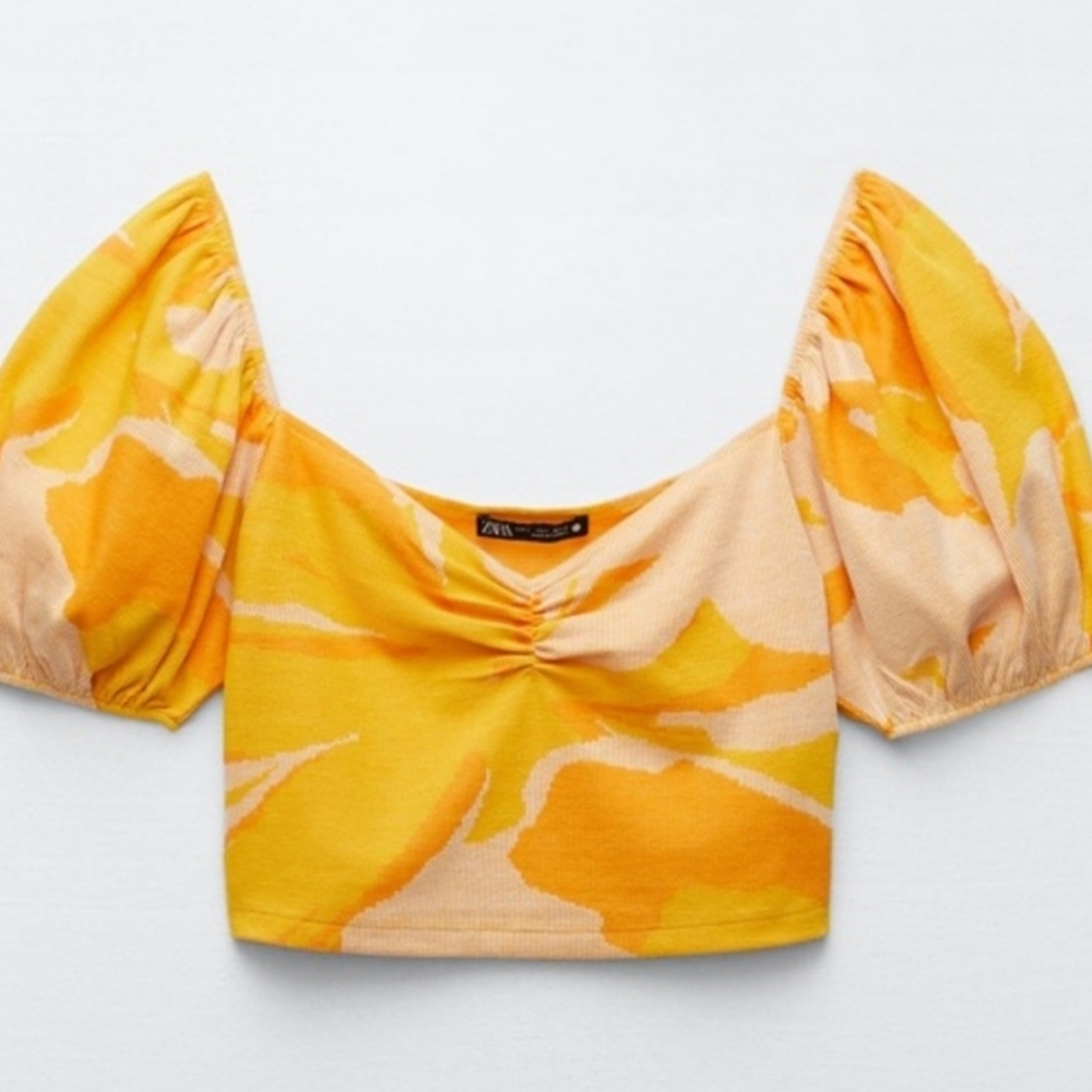 Zara jacquard Women's Yellow orange Puff Sleeve Top medium med m